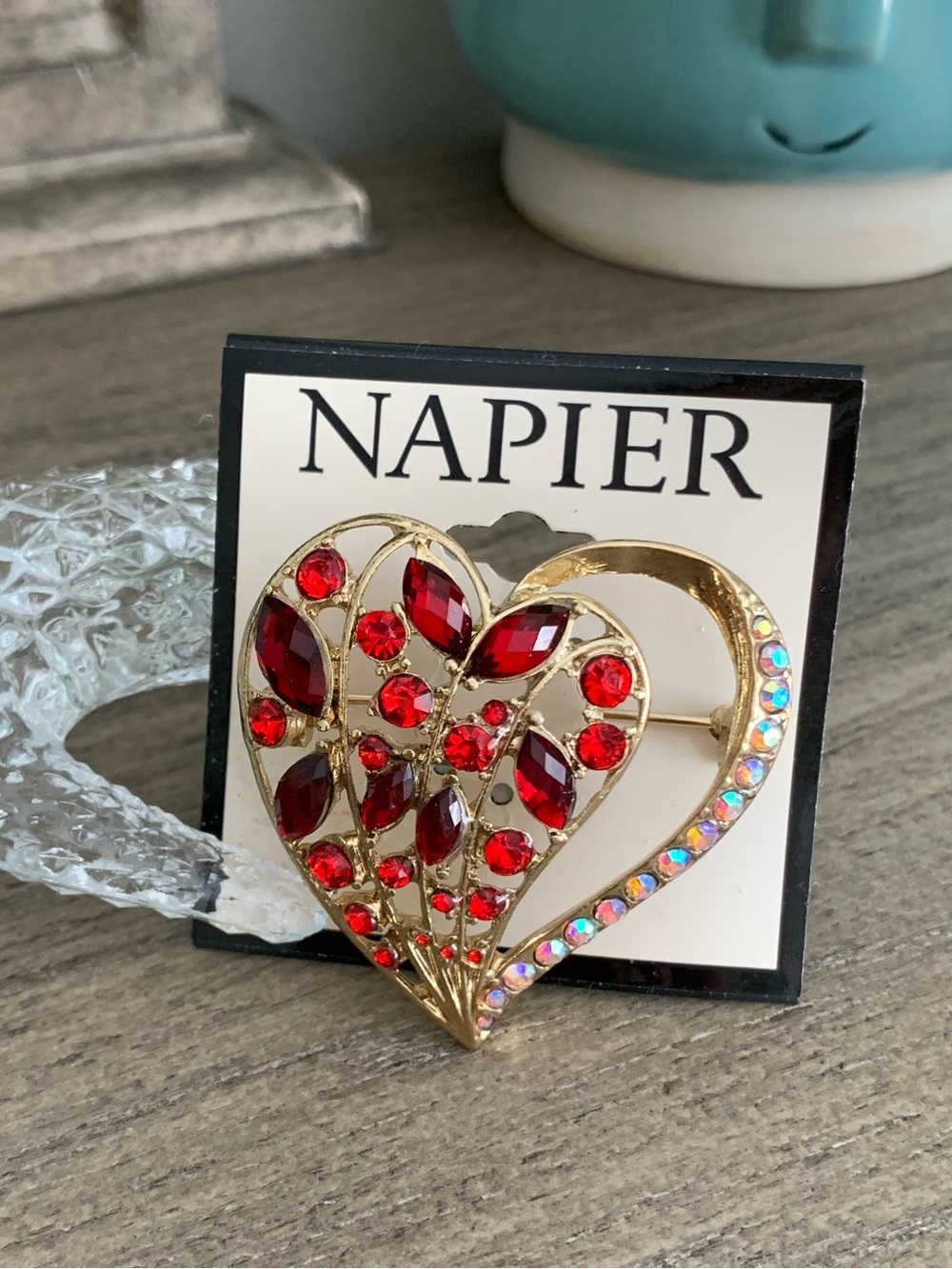 #68 Napier Floral Red Heart Figural Gold Tone Simulated Crystal Brooch Pin New